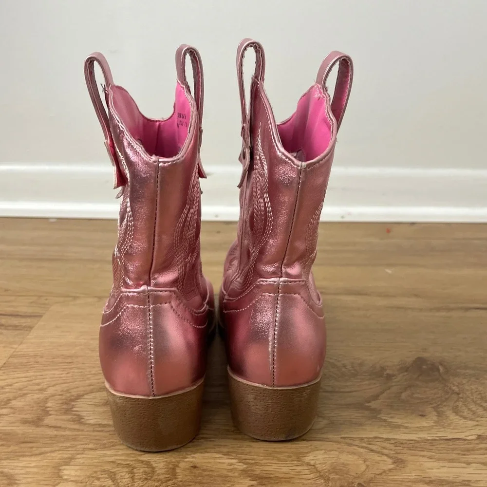 Metallic Pink Western Cowboy Boots Kids Size 2 Star Pull Tab Faux Leather
